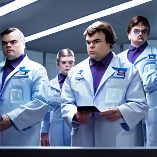 Prompt: troop jack black clones with white bob hairdos, tight light blue and lavender neopren suits, standing next to tall scientist looking at a clipboard, futuristic cloning facility, sci - fi, highly detailed, cinematic