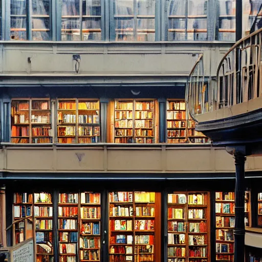 Image similar to a multistory bookshop, 85mm dslr photo by Malcolm Morley, featured on cg society, arts and crafts movement, national geographic photo, streetscape, atmospheric, early evening, cloudy