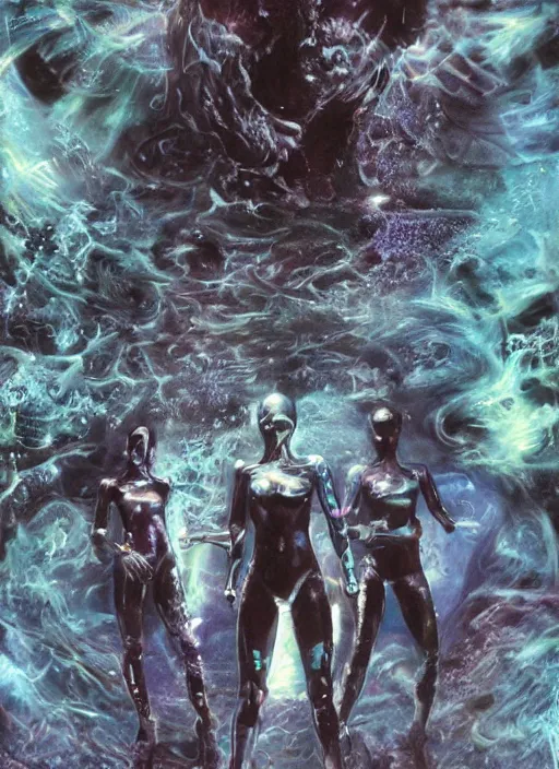 Prompt: astronauts girls in dark void underwater - complex and hyperdetailed technical suit design. reflection and dispersion materials. rays and dispersion of light. volumetric light. f / 3 2. noise film photo. flash photography. ultra realistic, wide angle. poster by wayne barlowe, hajime sorayama aaron horkey, craig mullins