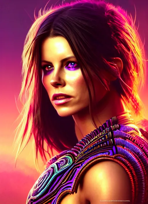 Prompt: portrait, hyper detailed ultra sharp aztec underworld warrior trance girl, breathtaking, kate beckinsale. trending on artstation, warpaint aesthetic, earthwave, colorful, neon, ornate, intricate, digital painting, concept art, smooth, sharp focus, illustration, art by artgerm and greg rutkowski and h. r. giger, 8 k