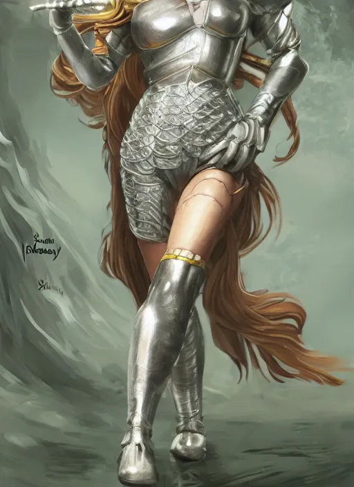 Prompt: beautiful female dorothy gale, rebecca romijn as dorothy, full body character concept, covered in full beautiful silver armor, art nouveau, super powers, fantasy, intricate, elegant, highly detailed, digital painting, artstation, concept art, shining, sharp focus, illustration, art by stanley lau