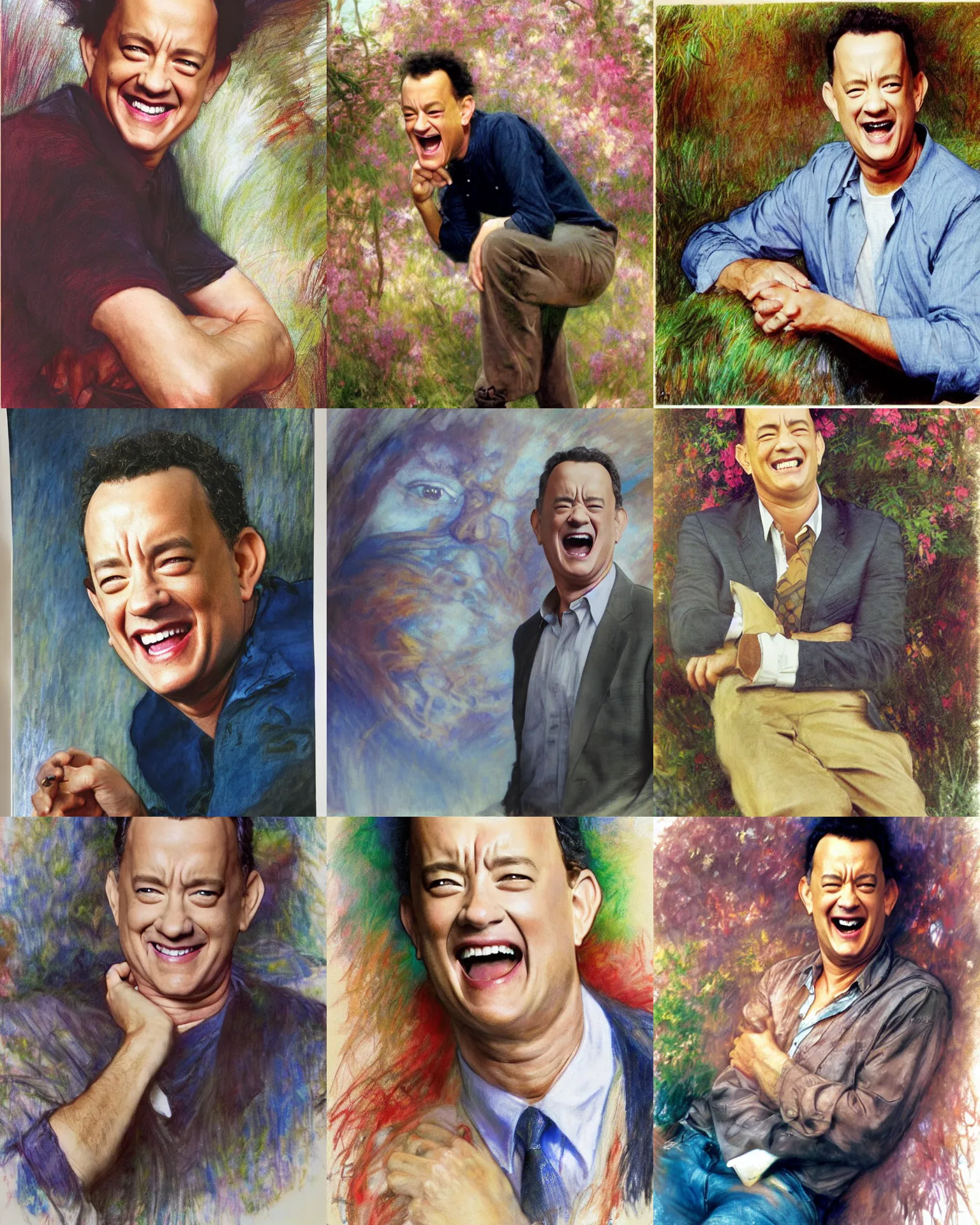 Prompt: tom hanks lauging, colored pencil portrait painting by richard schmid, thomas moran, studio ghibli, loish, alphonse mucha, fashion photography