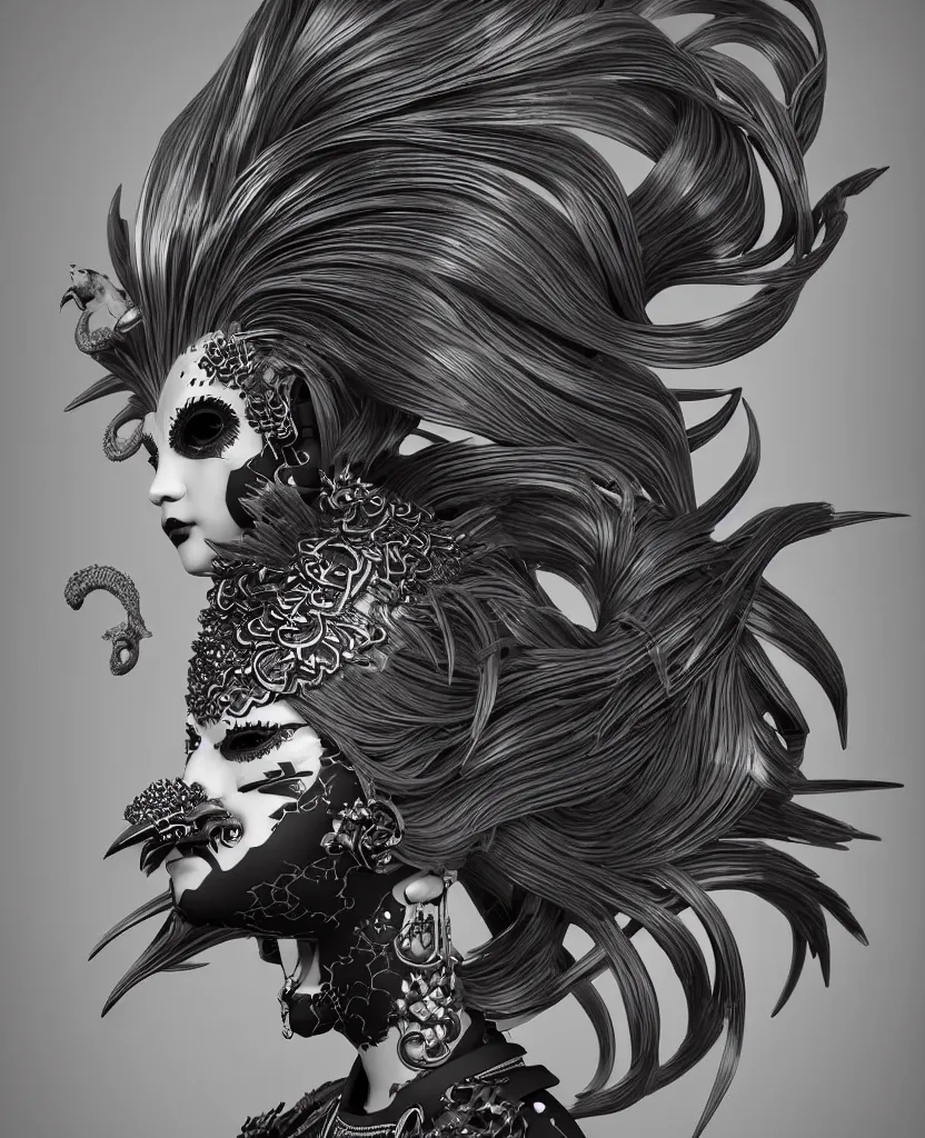 Image similar to 3 d goddess close - up profile portrait punk with mohawk with ram skull. beautiful intricately detailed japanese crow kitsune mask and clasical japanese kimono. betta fish, jellyfish phoenix, bio luminescent, plasma, ice, water, wind, creature, artwork by tooth wu and wlop and beeple and greg rutkowski