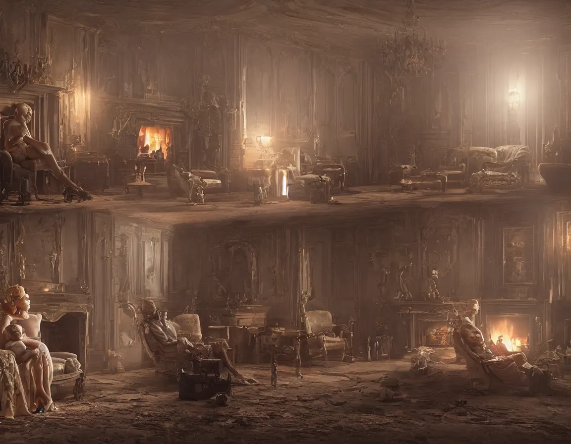 Prompt: An award-winning highly detailed 8k anamorphic cinematic movie still of a sad futuristic humanoid robot seated on a fainting couch holding a baby in front of a roaring fireplace in a post-apocalyptic Victorian home, at twilight, with cinematic lighting and lens flare, by Simon Stalenhag and Gregory Crewdson and Alfonso Cuaron