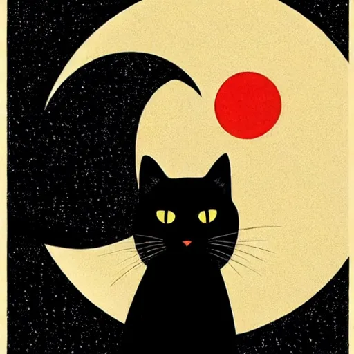 Image similar to black cat, crescent moon, night time, symbolic, super detailed, by hiroshi yoshida, by tatsuro kiuchi, by ilya kuvshinov