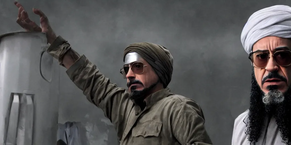 Prompt: Robert Downey Jr. as Osama Bin Laden in 'Big Bin' (2025), movie still frame, oscar nominated cinematography, volumetric lighting, 8k resolution, beautiful composition