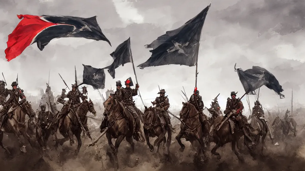 Image similar to group of dragoon cavalry riders with flag banners, rule of thirds, watercolored, jakub rozalski, dark colours, dieselpunk, artstation