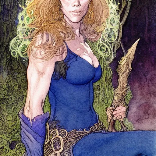 Image similar to a realistic and atmospheric watercolour fantasy character concept art portrait of jane fonda in her 2 0 s as a druidic warrior wizard looking at the camera with an intelligent gaze by rebecca guay, michael kaluta, charles vess and jean moebius giraud