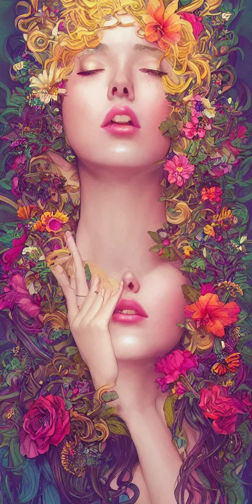 Prompt: sexy, beautiful, young woman, intense eyes, tears running down, crying, vaporwave aesthetic, synthwave, colorful, psychedelic, crown, long gown, flowers, bees, butterflies, ribbons, ornate, intricate, digital painting, artstation, concept art, smooth, sharp focus, illustration, art by artgerm and greg rutkowski and alphonse mucha