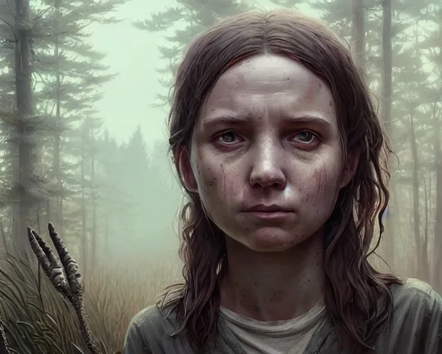 Image similar to highly detailed portrait of a millie billy brown, in the walking dead, stephen bliss, unreal engine, fantasy art by greg rutkowski, loish, rhads, ferdinand knab, makoto shinkai and lois van baarle, ilya kuvshinov, rossdraws, tom bagshaw, global illumination, radiant light, detailed and intricate environment