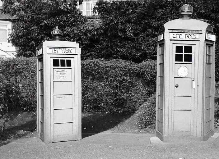 Image similar to photo of a metropolitan police box in front of houses in suburban london, police box, 1936, sepia