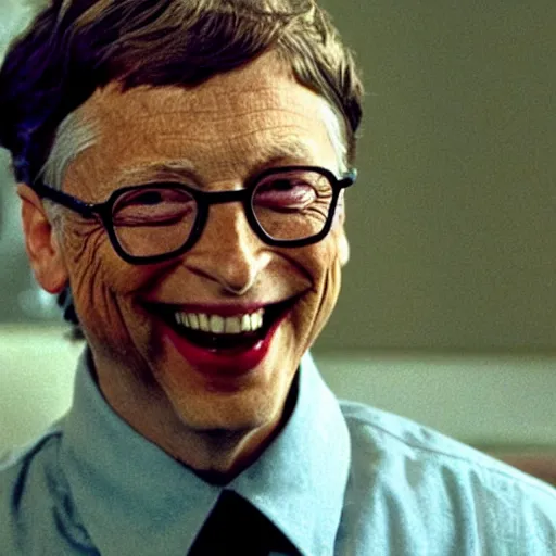 Image similar to bill gates as the joker from batman in an action scene in fast & furious, action shot from the movie fast & furious, bill gates as the joker villain drifting