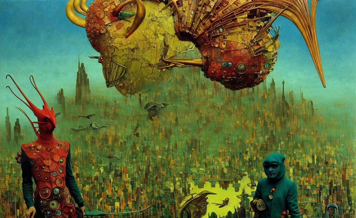 Prompt: realistic detailed portrait movie shot of a birdman wearing green leather coat, sci fi city landscape background by denis villeneuve, amano, yves tanguy, alphonse mucha, ernst haeckel, max ernst, roger dean, masterpiece, rich moody colours, blue eyes, occult