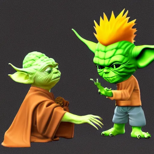 Prompt: 3 d render yoda kissing naruto uzumaki