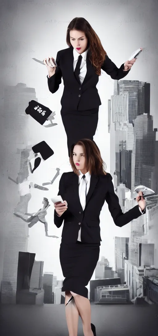 Image similar to girl on the phone, business clothing, movie poster style