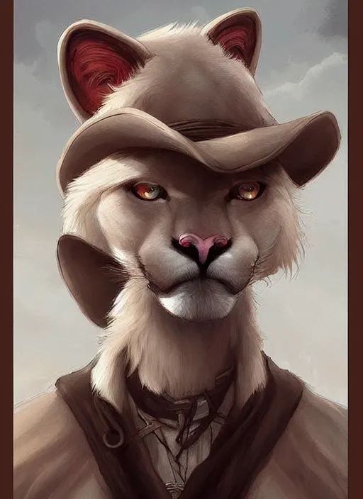 Prompt: beautiful portrait commission of a male furry anthro!!! albino mountain lion with dark red eyes and black nose markings wearing old-timey miner's clothes. Atmospheric. Character design by charlie bowater, ross tran, artgerm, and makoto shinkai, detailed, inked, western comic book art