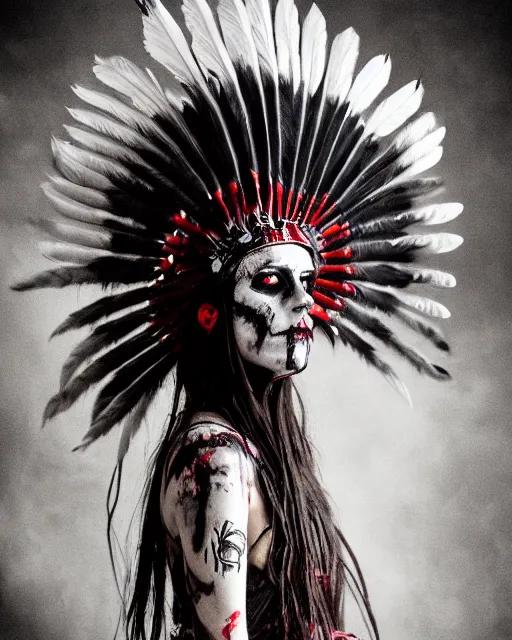 Image similar to lady native sisters ghost - spirit of the grim - warpaint wears the scarlet skull armor and native blood headdress feathers, midnight fog - mist!, cinematic lighting, various refining methods, micro macro autofocus, ultra definition, award winning photo, photograph by ghostwave - gammell - giger - shadowlord