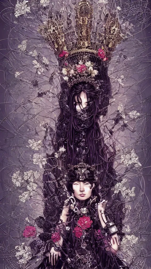 Image similar to cyberpunk fashion a beautiful black haired woman with pale skin and a crown on her head sitted on an intricate metal throne skin wrapped in flowers and wired, vintage style, by yoichi hatakenaka, masamune shirow, josan gonzales and dan mumford, ayami kojima, takato yamamoto, barclay shaw, karol bak, yukito kishiro