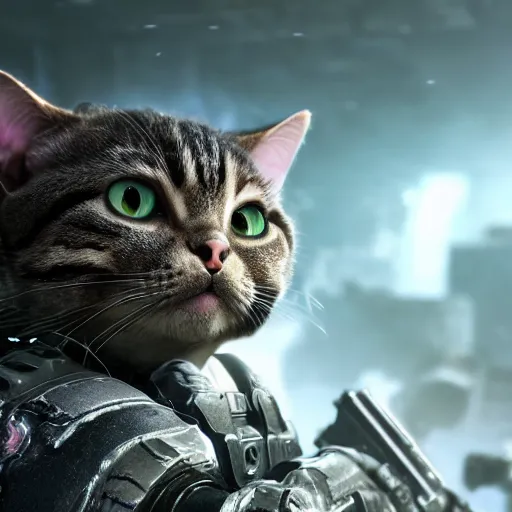 Image similar to lil bub the cat in gears of war, splash art, movie still, cinematic lighting, dramatic, octane render, long lens, shallow depth of field, bokeh, anamorphic lens flare, 8 k, hyper detailed, 3 5 mm film grain