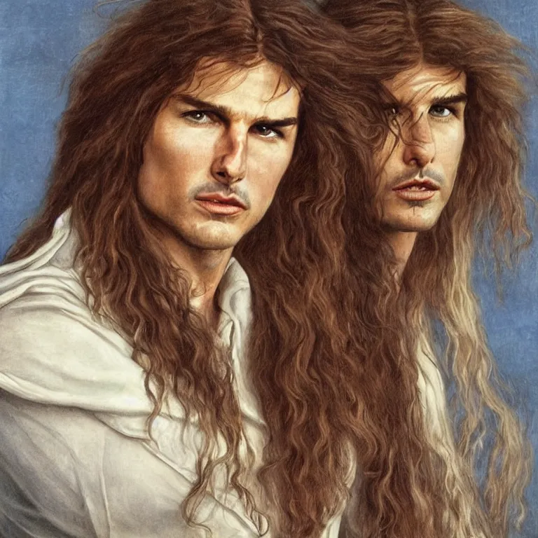 Image similar to Pre-Raphaelite portrait of Tom Cruise as the leader of a cult 1980s heavy metal band, with very long blond hair and grey eyes