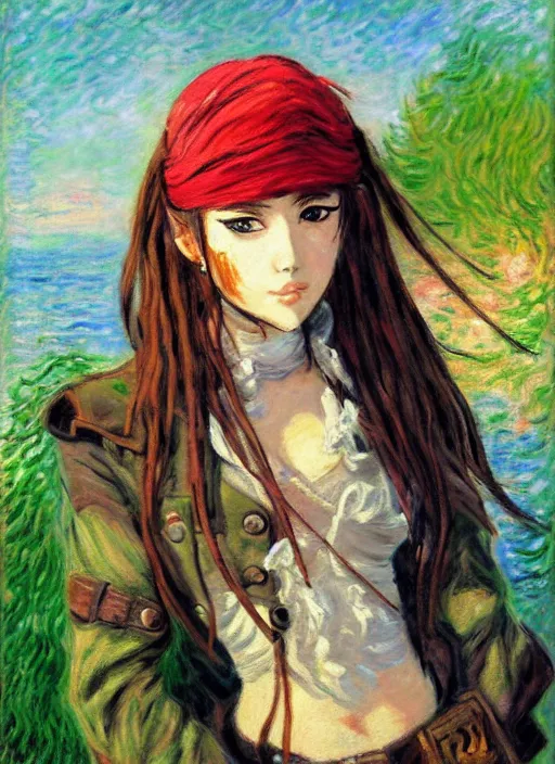 Image similar to a portrait of a female pirate, camouflage uniform, very anime in impressionist style, anime trending artwork, anime painter studio, by claude monet