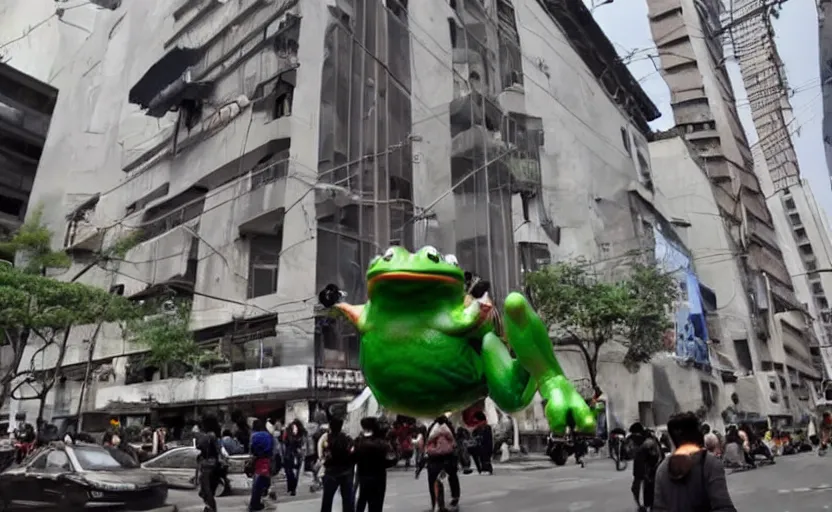 Prompt: a giant frog in the streets of mexico city, cctv footage