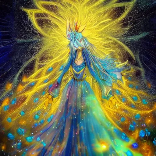 Prompt: realistic anime of an ethereal colorful blue starry night hybrid of a peacock and fox, accented in bright metallic gold, wearing star filled magic imbued mage robes, art by yuji ikehata and satoshi kon, background art by miyazaki, realism, proper human proportions, fully clothed, vhs