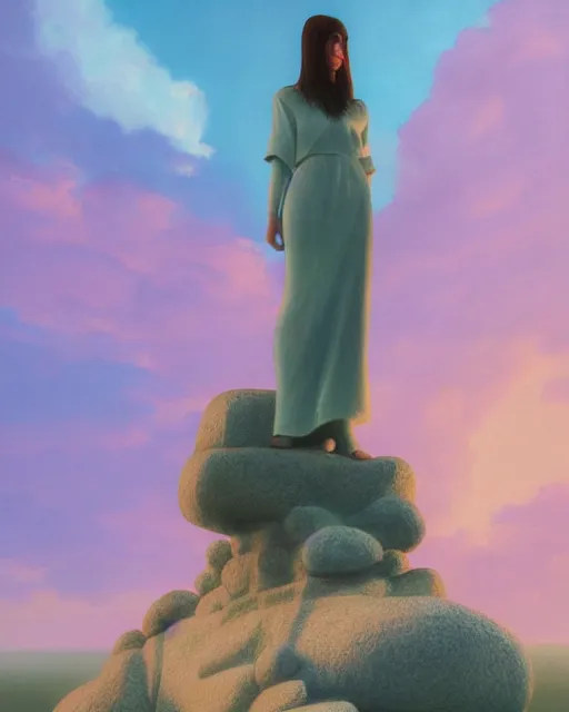 Image similar to a painting of a real woman standing in front of a huge stone statue, a screenshot by stanley twardowicz, cgsociety, aestheticism, aesthetic, vaporwave, anime aesthetic