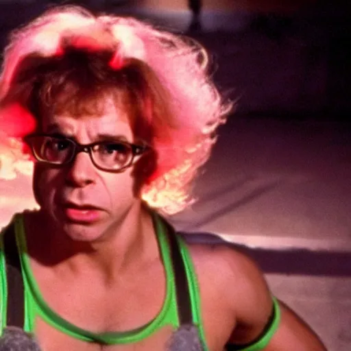 Image similar to Rick Moranis as a Californian body builder, neon hair, movie still, cinematic Eastman 5384 film