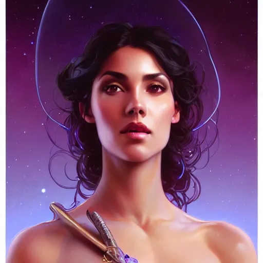 Image similar to Portrait of very very very very very very beautiful Latina woman, spacesuit, purple eyes, intricate, elegant, highly detailed, digital painting, artstation, concept art, smooth, sharp focus, illustration, art by artgerm and greg rutkowski and alphonse mucha