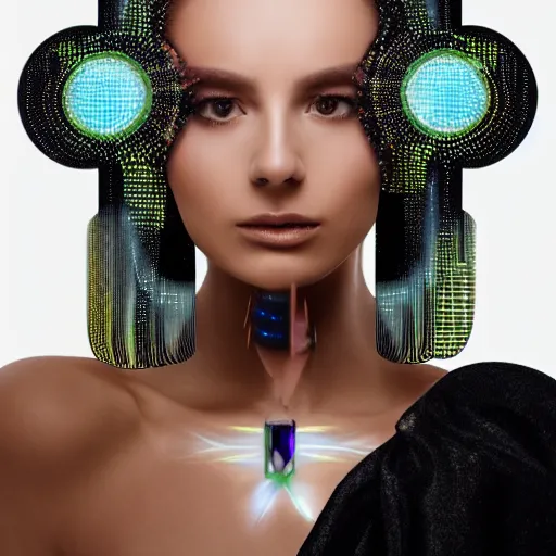 Image similar to portrait of a beautiful futuristic woman layered with high-tech jewelry wrapping around her face and head, 2067