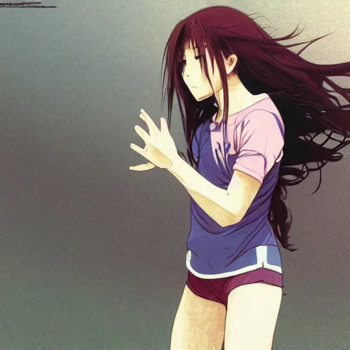 Image similar to a girl is running, sport clothing, anime style, long hair, hair down, symmetrical facial features, yowamushi pedal show, hyper realistic, highly detailed, rule of thirds, extreme detail, detailed drawing, trending artstation, realistic lighting, by alphonse mucha, greg rutkowski, sharp focus, backlit, real faces, realistic anatomy