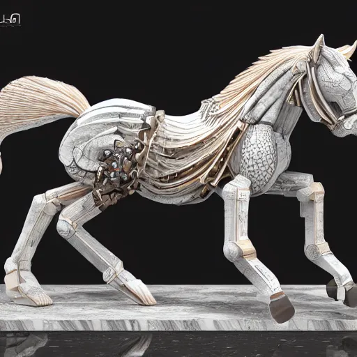 Prompt: biomechanical horse made of marble and crystal, fractal 3 d structure, intricate details, octane render, soft lighting