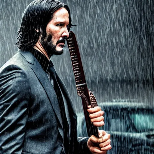 Image similar to john wick playing a guitar in the rain, photorealistic, realistic, dramatic, cinematic, photography