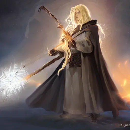 Prompt: Young, handsome wizard with a blonde ponytail wearing exquisite black robes, a spider cloak and wielding a legendary staff of light. Magic flux. High fantasy, digital painting, HD, 4k, detailed.