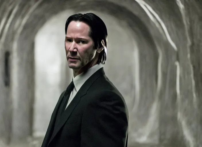 Prompt: film still of keanu reeves as agent smith in the new matrix movie, 4 k