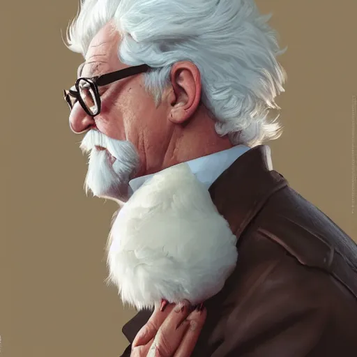 Image similar to closeup of Colonel Sanders petting a a chicken, modern setting, intricate, elegant, highly detailed, digital painting, artstation, concept art, matte, sharp focus, illustration, hearthstone, art by Artgerm and Greg Rutkowski and Alphonse Mucha