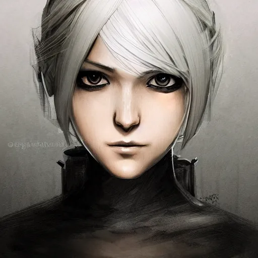 Prompt: sketch drawing of 2 b nier automata, beautiful piercing eyes, beautiful blonde hair, hyper realistic face, in the style of greg rutkowski, fantasy, amazing detail, epic, elegant, smooth, sharp focus, from the front