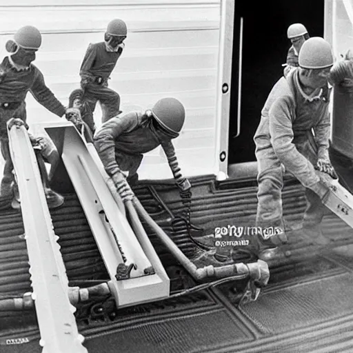 Prompt: alien carpenters disembarking ufo to use pneumatic nail gun to fasten trim moulding, traditional photography