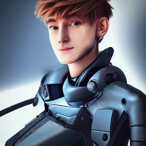 Image similar to “a realistic detailed photo of a guy who is an attractive humanoid who is half robot and half humanoid, who is a male android, twitch streamer Ninja Tyler Blevins, shiny skin, posing like a statue, blank stare, on a gaming chair streaming”