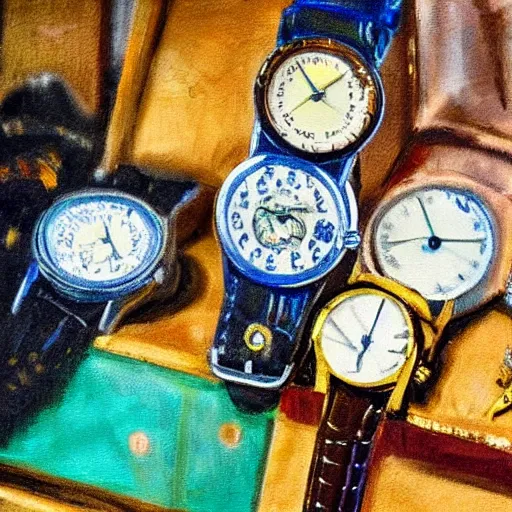 Image similar to an impressionist painting of a treasure chest full of wristwatches