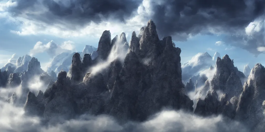 Prompt: peaceful clouds, mountain range with huge cliffs, epic, matte painting, concept art, 4k