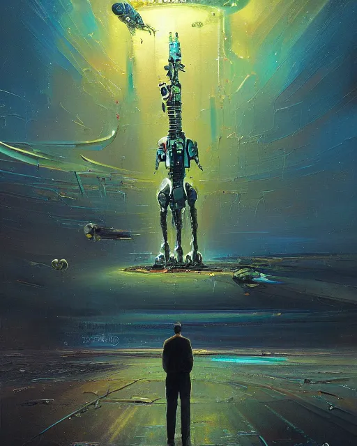 Image similar to a painting of a man standing in front of a giant alien, poster art john berkey and simon stalenhag and gilbert williams, cgsociety, space art, lovecraftian, cosmic horror, poster art