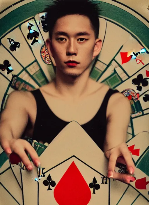 Image similar to polaroid by mucha, selfie, influencer, diaphanous, fashion, octoberfest, render, octane, detailed, award winning photography, masterpiece, of nicol cage playing poker. he is wrapped in the korean flag, dark backround, highly detailed, smooth, sharp focus, intricate,