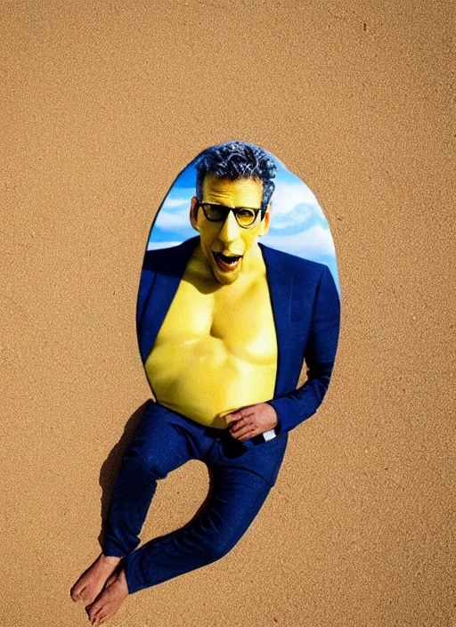 Image similar to jeff goldblum as a banana on the sand of a beach