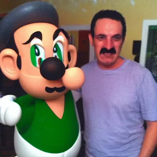 Image similar to luigi from super mario drinking a beer with mario