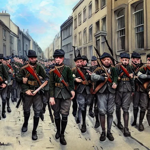 Image similar to irish rebel soldiers in 1 9 1 6 marching down a street in dublin with their rifles, highly detailed, digital painting, concept art, sharp focus, by makoto shinkai