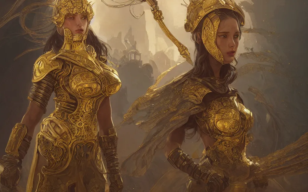 Prompt: portrait knights of zodiac girl, golden color steel armor, in ruined agora of athens, ssci - fi and fantasy, intricate and very very beautiful and elegant, highly detailed, digital painting, artstation, concept art, frostbite engine, smooth and sharp focus, illustration, art by tian zi and wlop and alphonse mucha