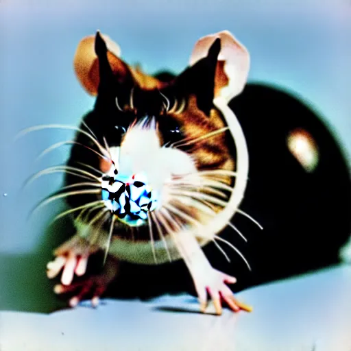 Image similar to a rat with a cat's head and a snail shell on its back, 1 9 7 0 s style