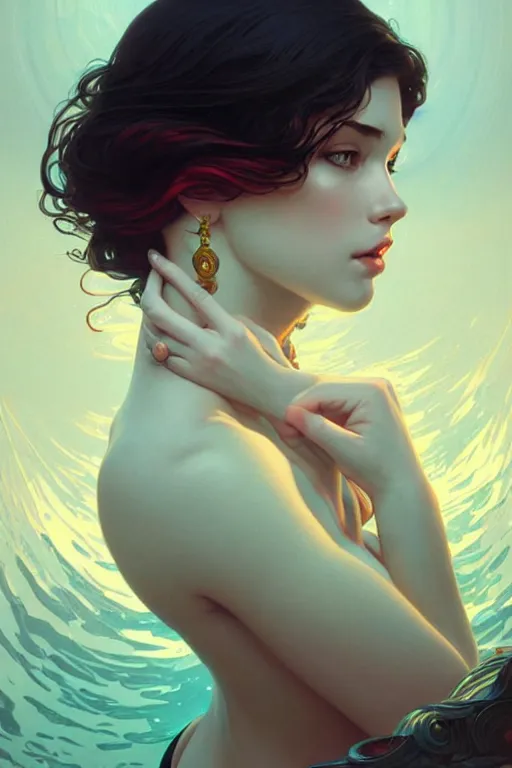 Image similar to a very beautiful siren woman, fantasy, portrait, sharp focus, intricate, elegant, digital painting, artstation, matte, highly detailed, concept art, illustration, ambient lighting, art by ilya kuvshinov, artgerm, Alphonse mucha, and Greg Rutkowski